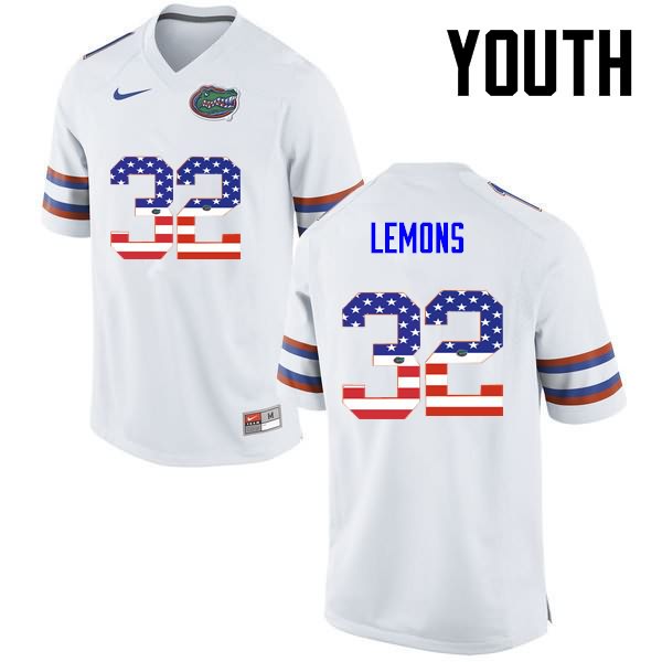 Youth NCAA Florida Gators Adarius Lemons #32 Stitched Authentic USA Flag Fashion Nike White College Football Jersey AQD7065YI